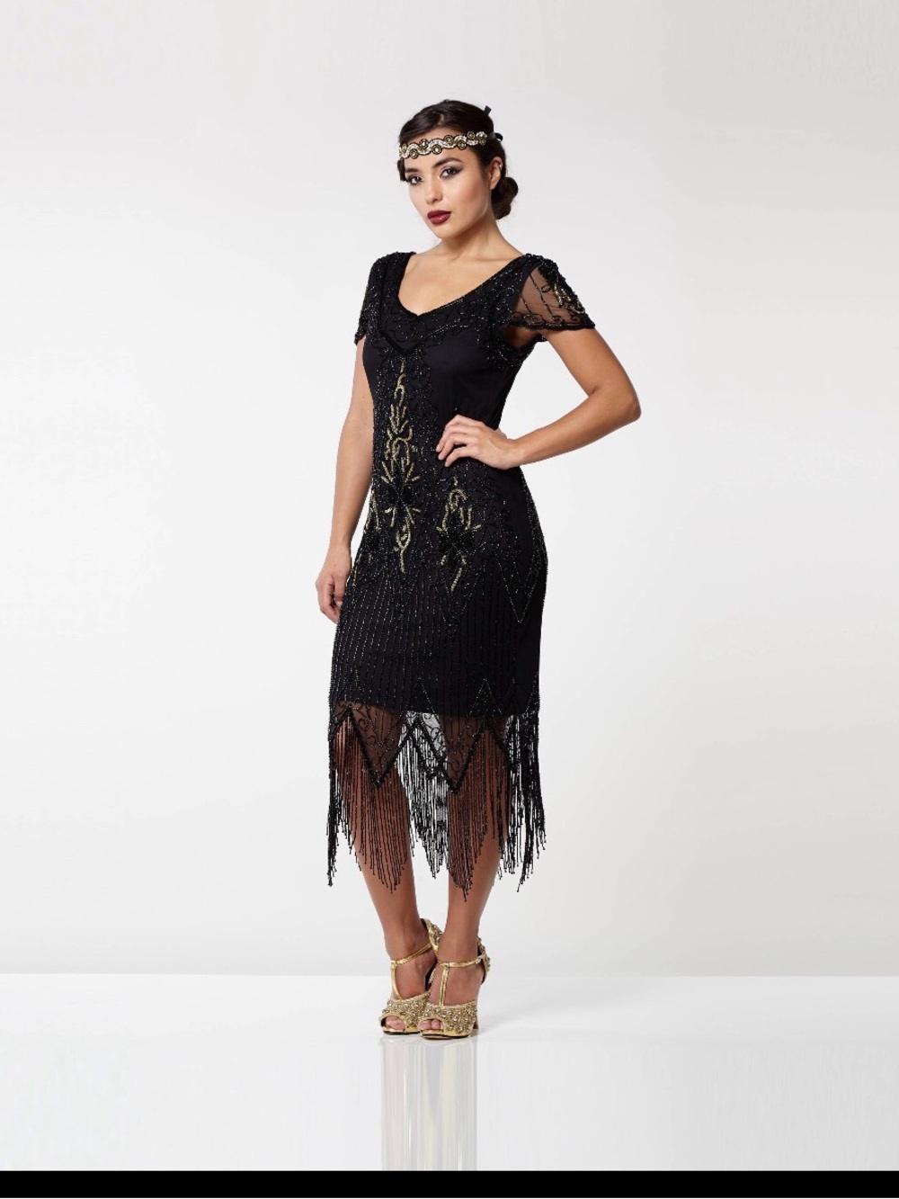 Black Beaded Fringe Dress -  with Matching Headband Flapper Gatsby Inspired